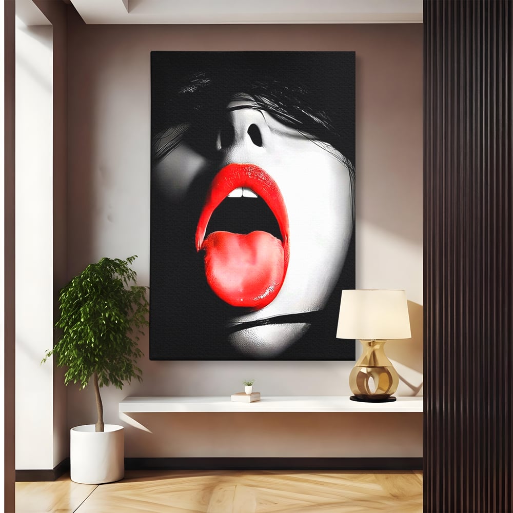 Tablou canvas cu tablou canvas cu buze si limba rosie, fara rama, pe sasiu de lemn